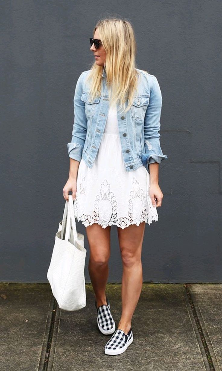 White Lace Dress with Denim Jacket